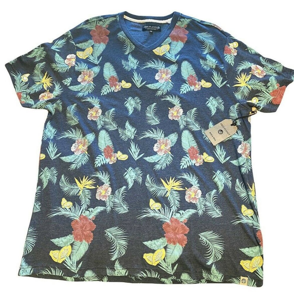 FREE PLANET Big Tall Navy Hawaiian Palms Hibiscus Vneck Cotton Blend TShirt 4X